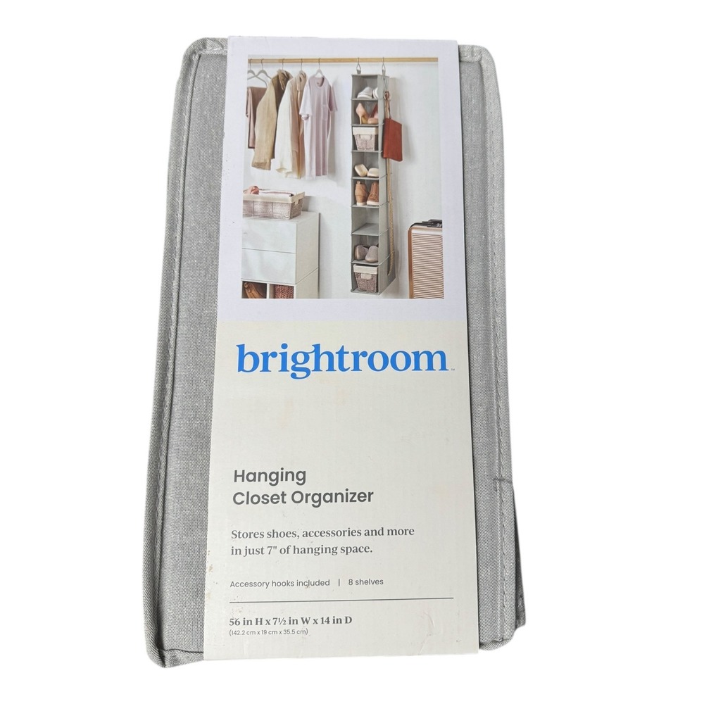 Brightroom‎ 8 Shelf Hanging Closet Organizer Gray with Accessory Hooks 56x7.5x14
